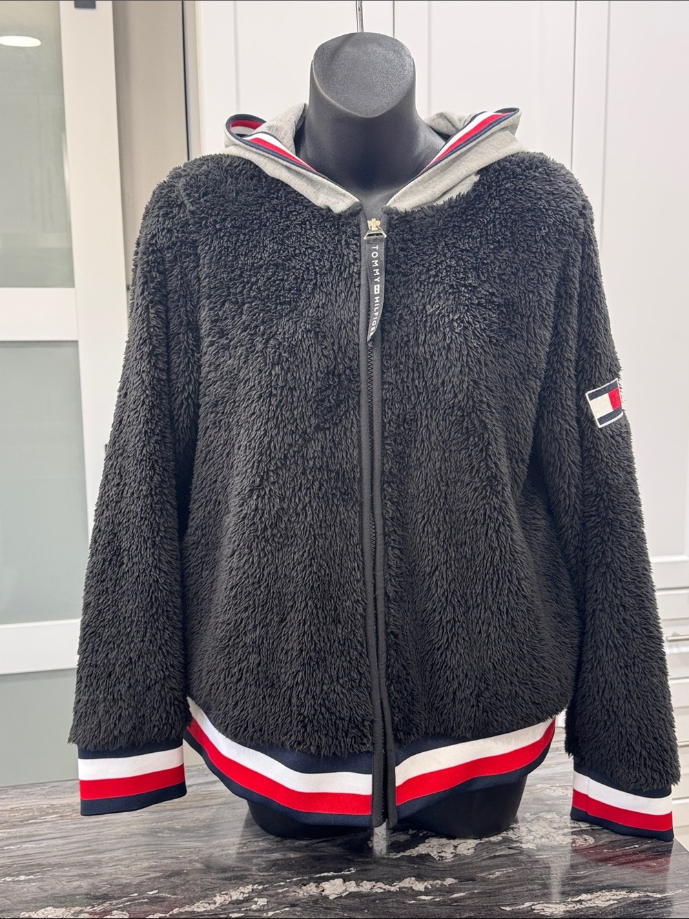 Tommy Hilfiger Black Faux Fur Full-Zip Hoodie Jacket | Small